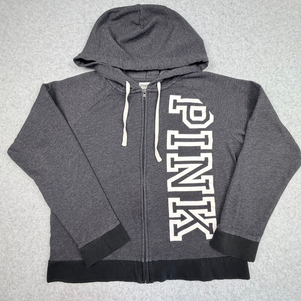 Victoria's Secret PINK Full Zip Hoodie Charcoal Gray Logo Fleece Large